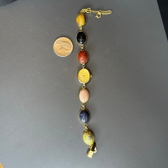 Vintage La Marque Scarab Watch Carved Stone Scarab Watch 6.75" - Picture 2 of 6